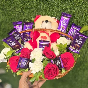 Teddy Basket With Flowers And Chocolates